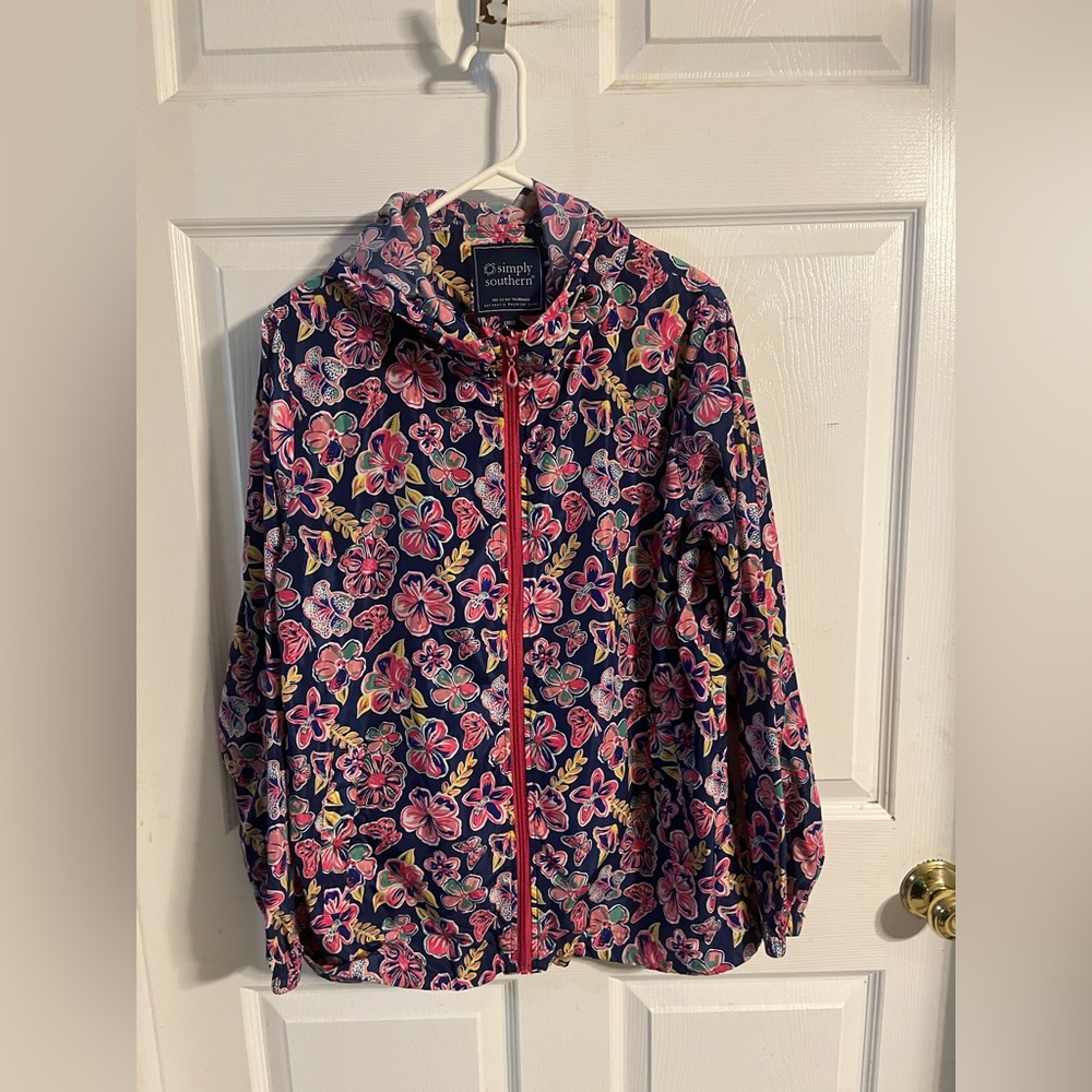 Simply Southern navy/pink floral hooded rain jacket windbreaker-Large